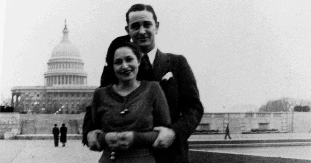 Lyndon B. Johnson and Lady Bird Johnson in front of the US Capitol.