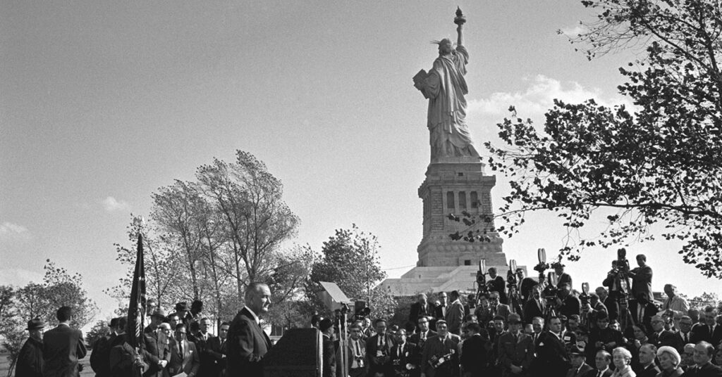 President Lyndon B. Johnson gives his remarks before the signing the Immigration Act of 1965.