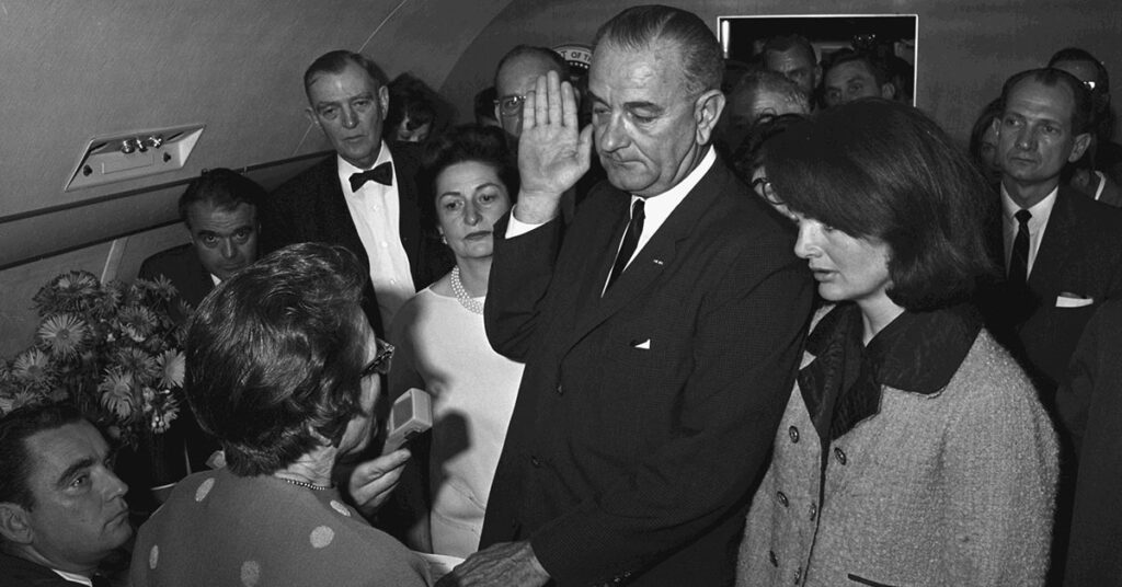 President Lyndon Johnson sworn in on Air Force One.